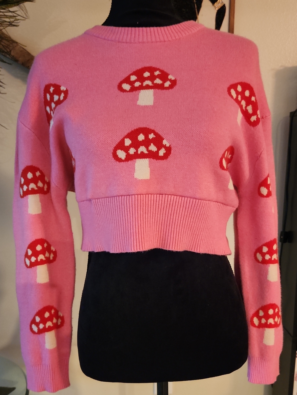 NATIVE YOUTH Pink Crewneck Crop Sweater with Red Mushroom Motif